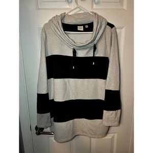 Light gray and navy striped cowl neck sweater